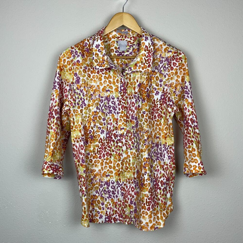 Chico’s Non-Iron Popover Button Back Top Size 1 (8/10) Orange Red Career
